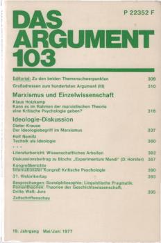 Das Argument. Zeitschrift für Philosophie und Sozialwissenschaften. Nr. 103, 19. Jahrgang Mai/ Juni 1977.