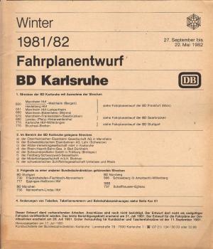 Fahrplanentwurf BD Karlsruhe ; Winter 1981/1982.