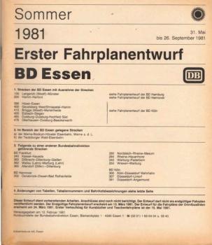 Erster Fahrplanentwurf BD Essen ; Sommer 1981.