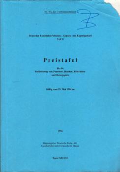 Preistafel für die Beförderung von Personen, Hunden, Fahrrädern und Reisegepäck. Gültig vom 29. Mai 1994 an.