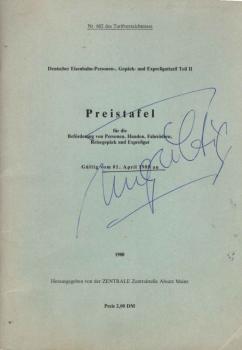 Preistafel für die Beförderung von Personen, Hunden, Fahrrädern und Reisegepäck. Gültig vom 01. April 1988 an.