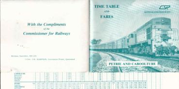Timetable and Fares : Petrie and Caboolture (Station). Operative from 20th September 1981.