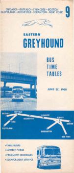 Greyhound Bus Timetable 9, Eastern : Chicago - Buffalo - Syracuse - Boston - Cleveland - Rochester - Scranton - New York (June 27, 1968)