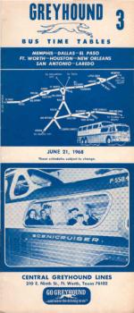Greyhound Bus Timetable 3 : Memphis-Dallas-El Paso, FT. Worth-Houston-New Orleans, San Antonio-Laredo (June 21, 1968)