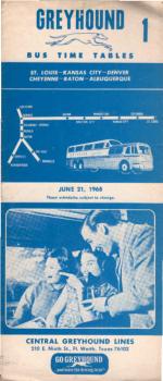 Greyhound Bus Timetable 1: St. Louis-Kansas City-Denver-Cheyenne-Raton-Albuquerque (June 21, 1968)