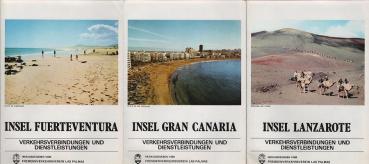 3 Faltprospekte, Konvolut: 1., Insel Gran Canaria; 2., Insel Lanzarote; 3., Insel Fuerteventura. Verkehrsverbindungen und Dienstleistungen