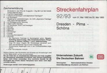 Streckenfahrplan 92/93 vom 31.Mai 1992 bis 22. Mai 1993. Dresden-Pirna-Schöna