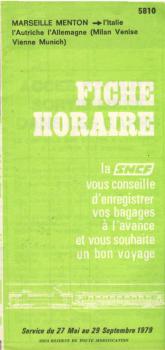 SCNF. Fiche Horaire Service du 27 Mai au 29 Septembre 1979. Marseille Menton apres I`italie, 5810. (Faltblatt)