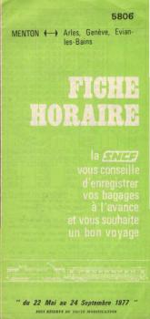 SNCF. Fiche Horaire du 22 Mai au 24 Septembre 1977 (5806).