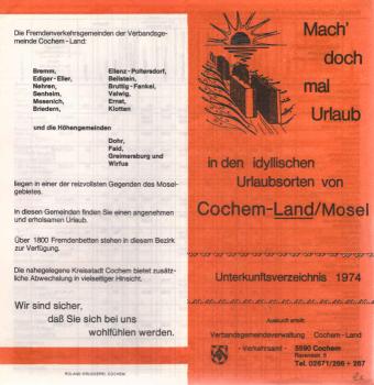 Mach´ dochmal Urlaub in den idyllischen Urlaubsorten von Cochem-Land / Mosel. Unterkunftsverzeichnis 1974. (Prospekt)
