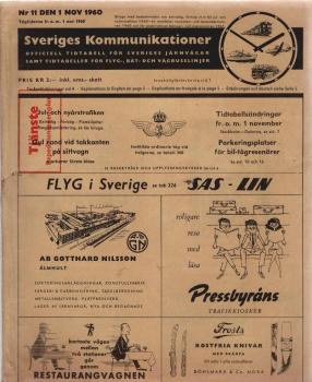 Sveriges kommunikationer. Officiell tidtabell för sveriges järnvägar samt tidtabeller fär flyg-, bät- och busslinjer; Nr 11 den 1 nov 1960