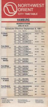 Northwest Orient City Timetable Hamburg. Schedule Effective September 8, 1981.
