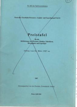 Preistafel Teil 1 für die Beförderung von Personen, Hunden, Fahrrädern und Reisegepäck. Gültig vom 01. März 1987.