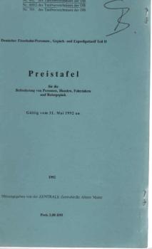 Preistafel für die Beförderung von Personen, Hunden, Fahrrädern und Reisegepäck. Gültig vom 31. Mai 1992 an.