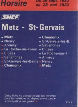 SNCF Metz - St. Gervais Horaire Du 26 sept. 1982 au 28 mai 1983.