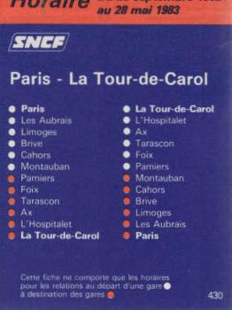 SNCF Paris - La Tour-de-Carol Horaire Du 26 septembre 1982 au 28 mai 1983 (430)