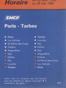 SNCF Paris - Tarbes Horaire Du 26 sept. 1982 au 28 mai 1983 (415)