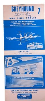 Greyhound Bus Timetable 7: Chicago-Des Moines-Omaha- Cheyenne-Rock Springs-ö South Dakota - Nebrasja - Iowa  (June 21, 1968)