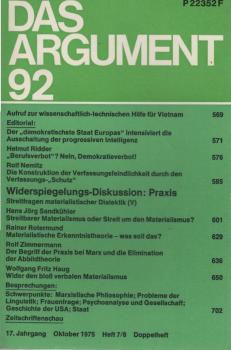 Das Argument. Zeitschrift für Philosophie und Sozialwissenschaften. Nr. 92 - Widerspiegelungs-Diskussion: Praxis.