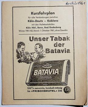 Kurzfahrplan für alle Verbindungen zwischen Köln-Deutz - Koblenz mit den Haltebahnhöfen Köln Hbf., Bonn, Bad Godesberg Winter 1961/62