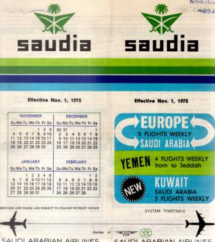 Saudia Arabian Airlines. System Timetable. Effective Nov. 1, 1973.