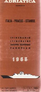 Adriatica Venezia. Italia - Piraeus - Istanbul. Sailing Schule, Fahrplan, Itinerario 1965. MS San Marco / MS San Giogio.