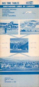 Bus Time Tables. Western Ontario, Manitoba, Saskatchewan, Alberta, British Columbia. Effective June 27, 1968 to September 4, 1968. [Faltblatt]