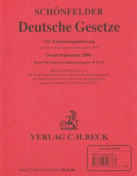 Schönfelder Deutsche Gesetze. 122. Ergänzungslieferung Stand September 2004. (Anschluß an die Ergänzungslieferung Juni 2004).