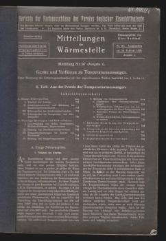 Mitteilungen der Wärmestelle. Mitteilung 97 (Ausgabe 1). Geräte und Verfahren zu Temperaturmessungen. 2. Teil: Aus der Praxis der Temperaturmessungen.