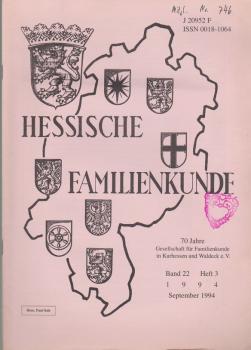 Hessische Familienkunde; Sept. 1994, Band 22/ Heft 3. 70 Jahre Gesellschaft für Familienkunde in Kurhessen und Waldeck e.V.