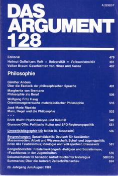 Das Argument. Zeitschrift für Philosophie und Sozialwissenschaften. Nr. 128 ( 23. Jahrgang. Juli/August 1981. Philosophie).