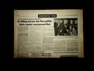 Hessentag 1964. Kasseler Volkshochschule jetzt im eigenen Haus / Zeitungsblatt aus : Niederhessische Zeitung (NHZ), Juli 1964.