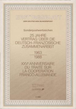 Ersttagsblatt der Deutschen Bundespost. Sonderpostwertzeichen. 25 Jahre Vertrag über die Deutsch-Französische Zusammenarbeit. 1963/1988. Ersttagsausgabe 14.Januar 1988.