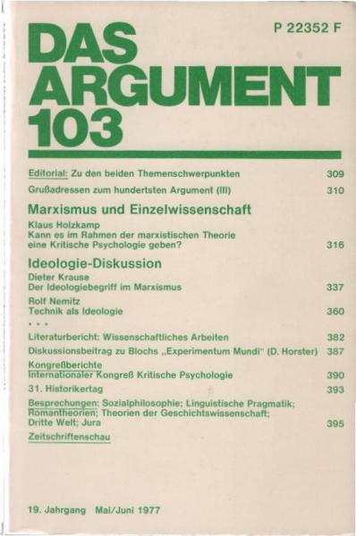 Das Argument. Zeitschrift für Philosophie und Sozialwissenschaften. Nr. 103, 19. Jahrgang Mai/ Juni 1977.