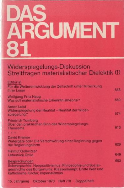 Das Argument. Zeitschrift für Philosophie und Sozialwissenschaften. Nr. 81, 15. Jahrgang Okt. 1973.