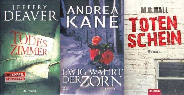Krimipaket: 1. Hall, M. R: Totenschein, 2. Andrea Kane: Ewig währt der Zorn, 3. Jeffery Deaver: Todeszimmer.
