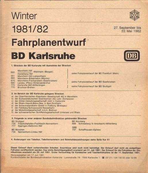 Fahrplanentwurf BD Karlsruhe ; Winter 1981/1982.