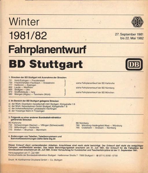 Fahrplanentwurf BD Stuttgart ; Winter 1981/1982.
