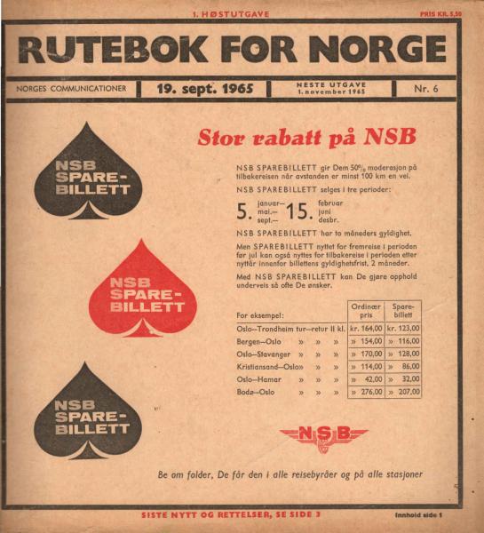 Kursbuch Norwegen 1965 / Rutebok for Norge (Norges Communicationer) ; Nr. 6., 19. Sept. - 31. Okt. 1965.