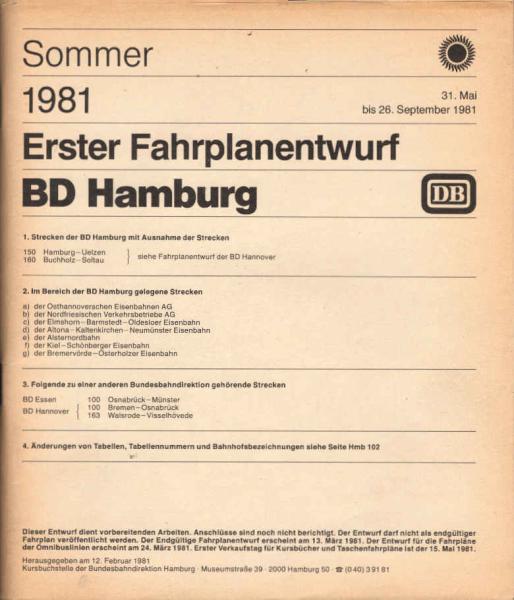 Erster Fahrplanentwurf BD Hamburg ; Sommer 1981.