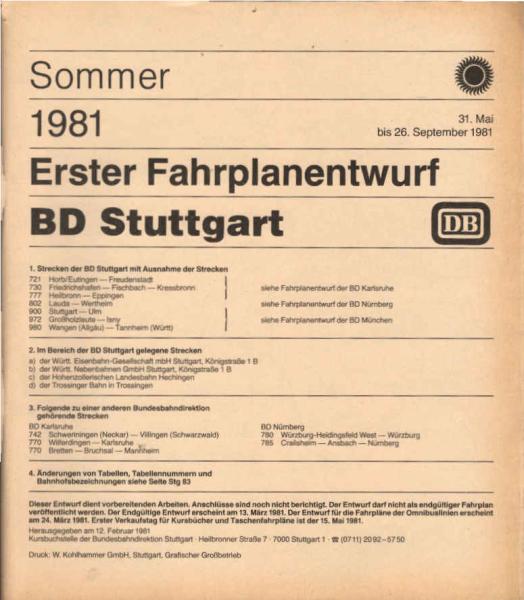 Erster Fahrplanentwurf BD Stuttgart ; Sommer 1981.