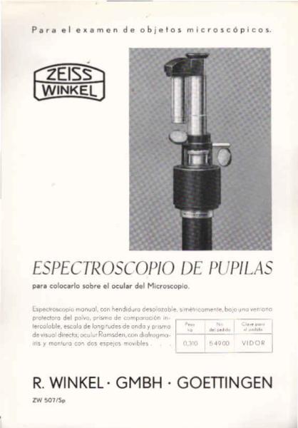 Zeiss Winkel. Espectroscopio de Pupilas para colocarlo sobre el ocular de Microscopio. [Werbeblatt]