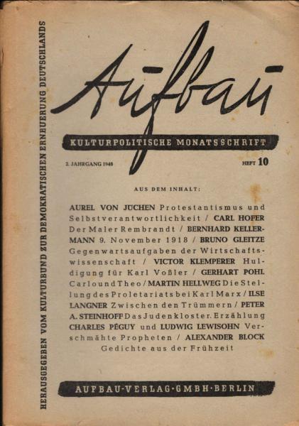 Aufbau. Kulturpolitische Monatsschrift. Jahrgang 1946, Heft 10.