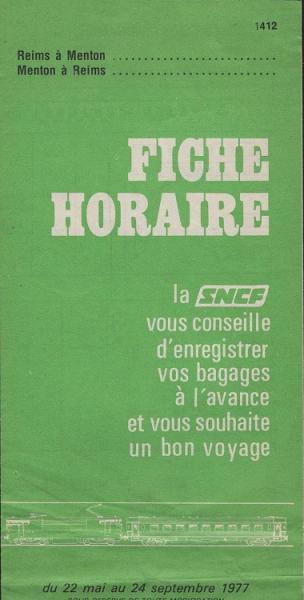 Fiche Horaire du 22 mai au 24 septembre 1977. Reims à Menton, Menton à Reims (Faltblatt)