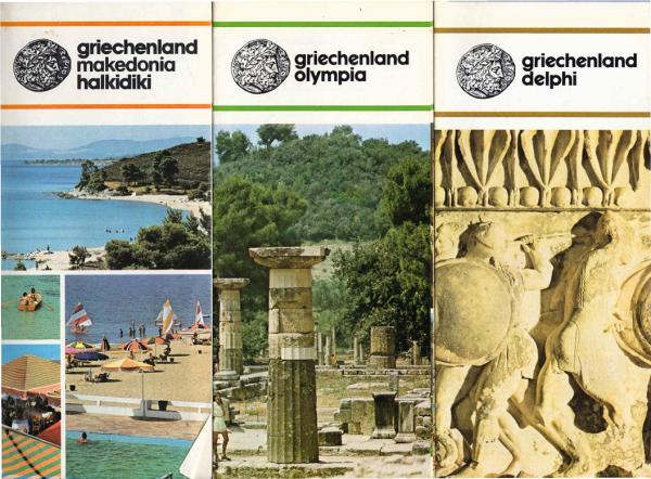3 Reiseprospekte ; Reihe: Griechenland. Nr. 10., Makedonia, Halkidiki ; Nr. 45., Olympia ; Nr. 48., Delphi.