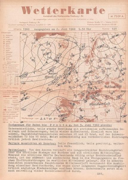 Wetterkarte : Amtsblatt des Wetteramtes Freiburg i. Br.; Jahrgang 1960/ Nummer 127, Ausgegeben am 2. Juni 1960 9.30 Uhr