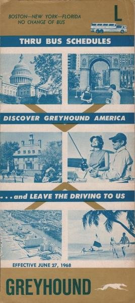 Discover Greyhound America thru Bus Schedules; L, Boston-New York, York-Florida. Effective June 27, 1968