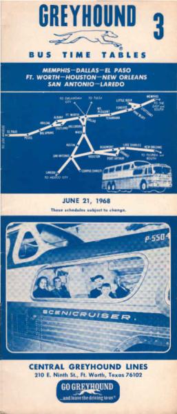 Greyhound Bus Timetable 3 : Memphis-Dallas-El Paso, FT. Worth-Houston-New Orleans, San Antonio-Laredo (June 21, 1968)