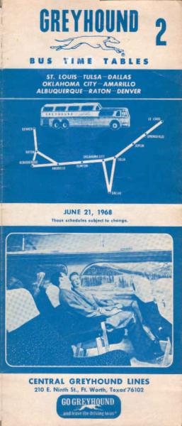 Greyhound Bus Timetable 2: St. Louis-Tulsa-Dallas-Oklahoma City-Amarillo-Albuquerque-Raton-Denver (June 21, 1968)