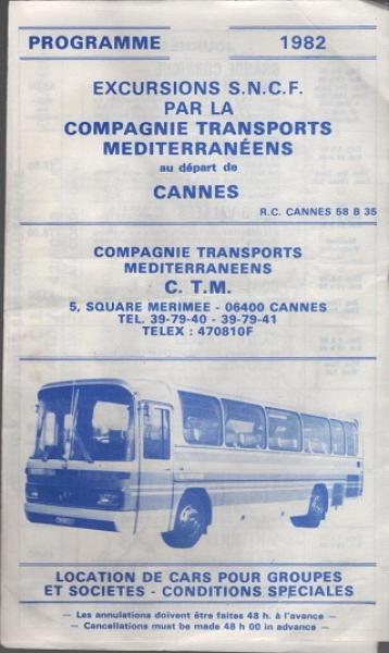 Programme 1982 : Excursions SNCF par la Compagnie Transports Mediterranéens au départ de Cannes (Faltprospekt)
